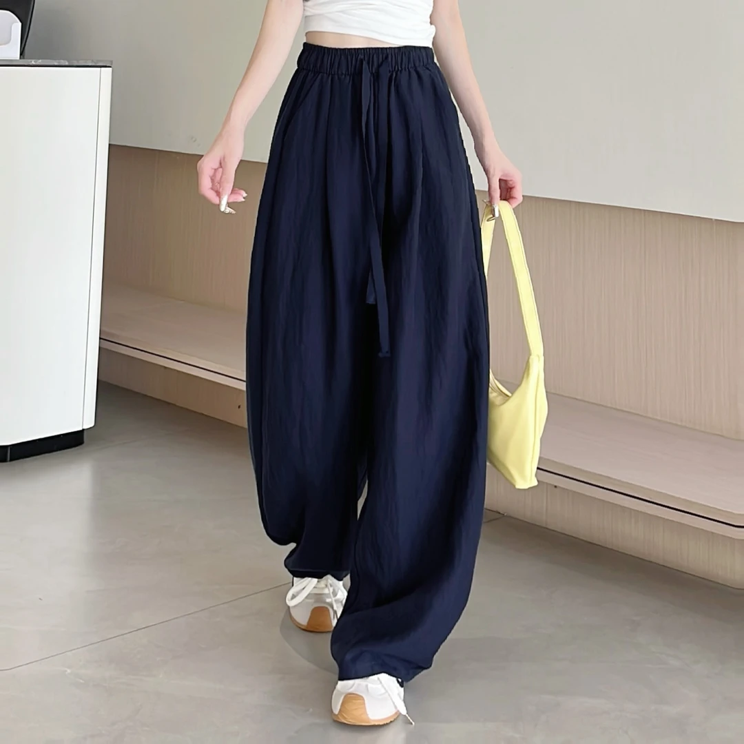 【现货运险】夏季时尚百搭抽绳松紧腰垂坠感简约弯刀裤休闲裤D