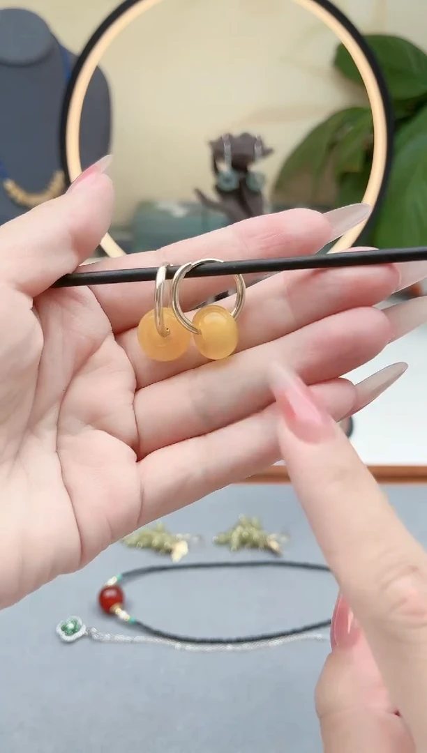 玛瑙/玉髓耳饰银S925镶嵌00黄色耳扣