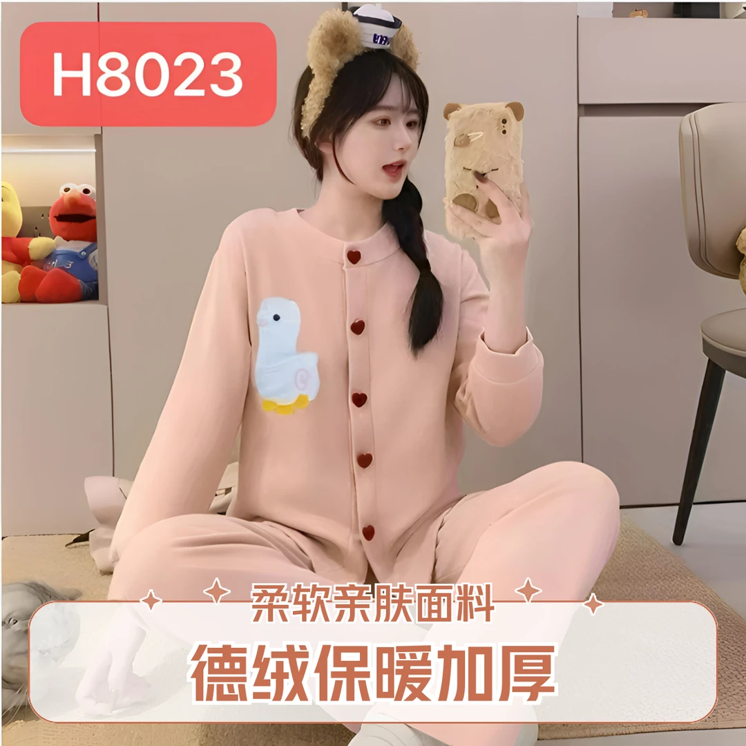 德绒小香风开衫长袖睡衣女2024冬季加厚保暖新款女士家居服外穿