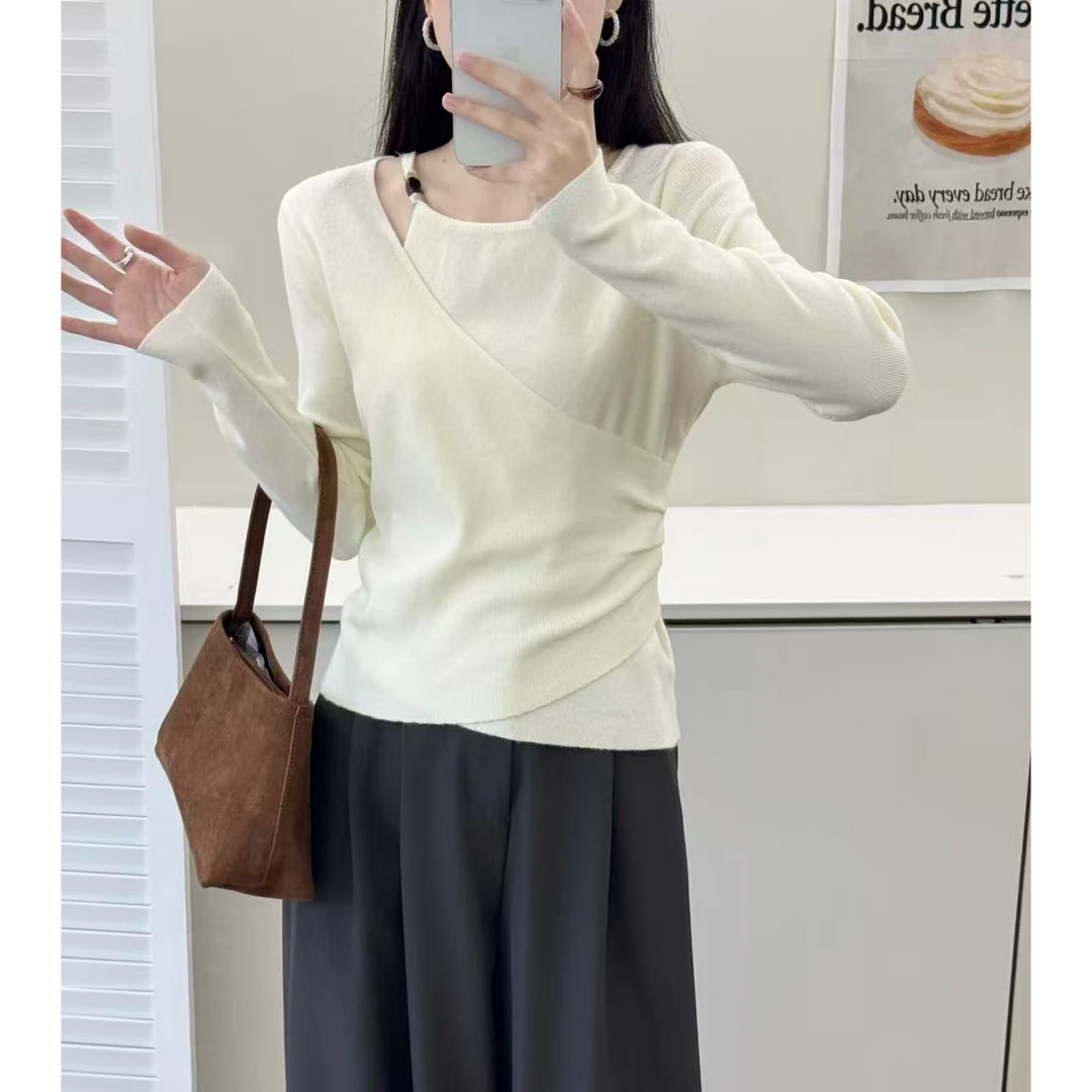 2025新款圆领露肩长袖针织衫显瘦百搭#S18