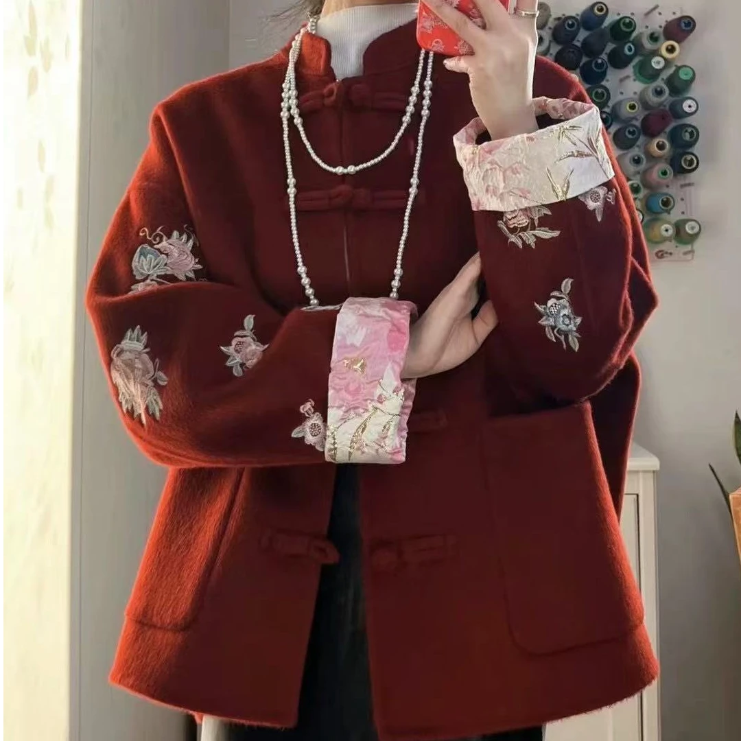 24款秋冬新款刺绣双面羊毛大衣重工国风新中式盘扣绣花轻奢大衣女