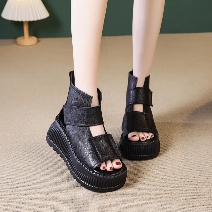 真皮罗马鱼嘴厚底外穿凉鞋女2025春夏新款小个子增高松糕跟女鞋