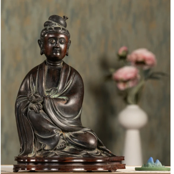 清代 铜持卷自在观音像（红木座）古董佛像收藏观音菩萨祝福摆件