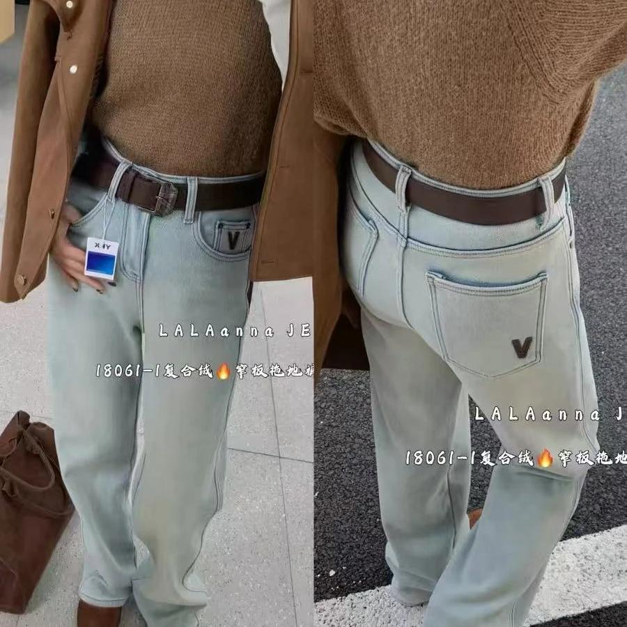 李明甄选——刺绣小V牛仔裤