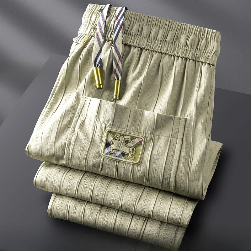 约蒂宾弗夏季肌理褶皱薄款条纹休闲卫裤男士小脚修身直筒运动裤