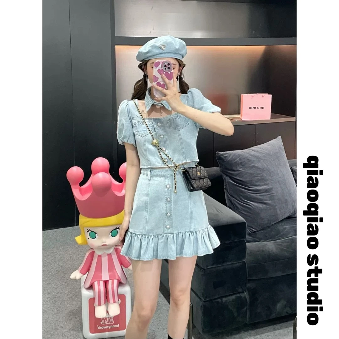 12清「少女」牛仔方领爱心设计显瘦上衣-不含半裙