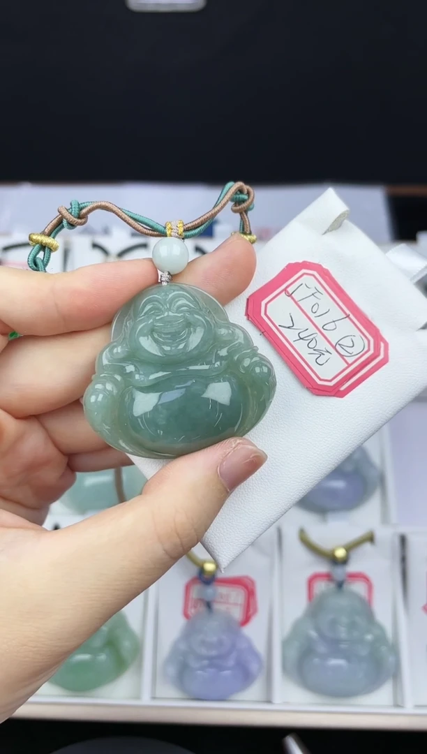 翡翠未镶嵌颈饰孤品5F016翡翠冰菠菜绿中大佛送同款绳