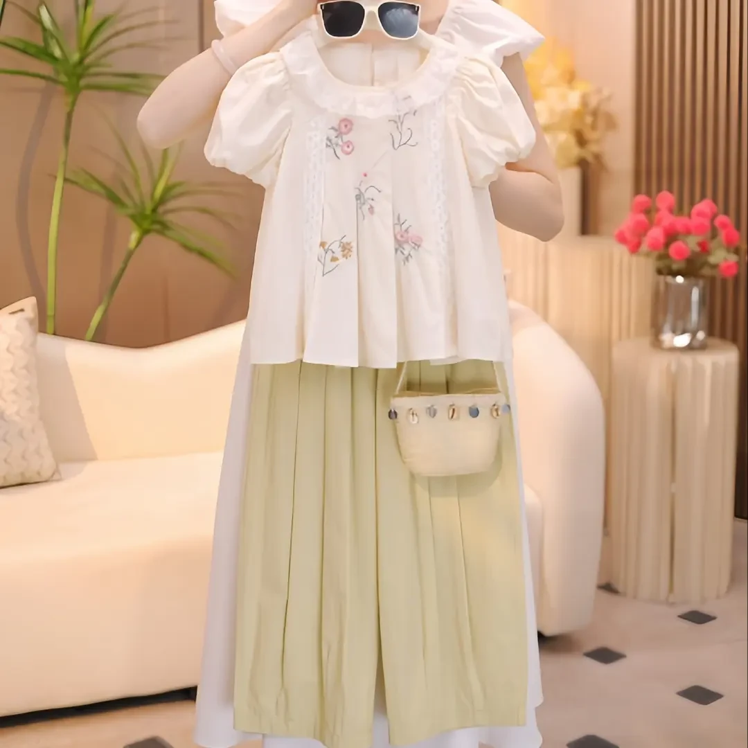 女童2025新款夏装设计款刺绣花边泡泡袖娃娃衫休闲九分裤两件套