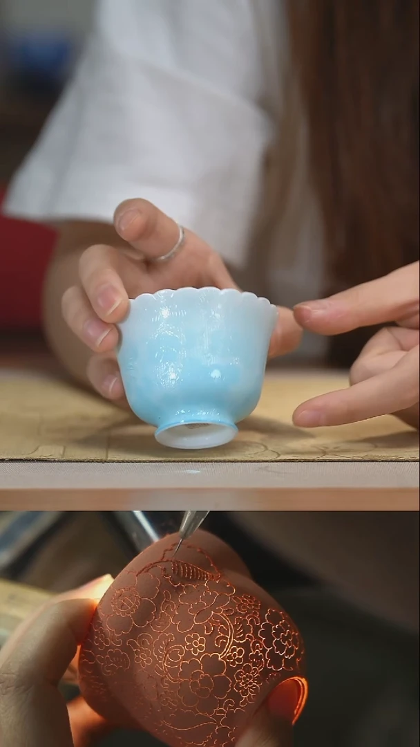 瓷片手工扒花葵口杯