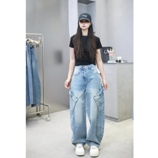 XC11052-蓝【N5专享】休闲显瘦工装设计中高腰弯刀堆堆牛仔裤