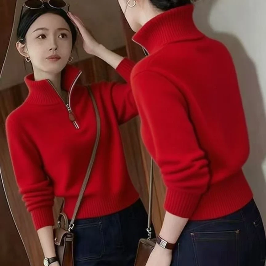 红色半拉链立领针织毛衣长袖T恤女2025新款巨好看的冬装内搭上衣