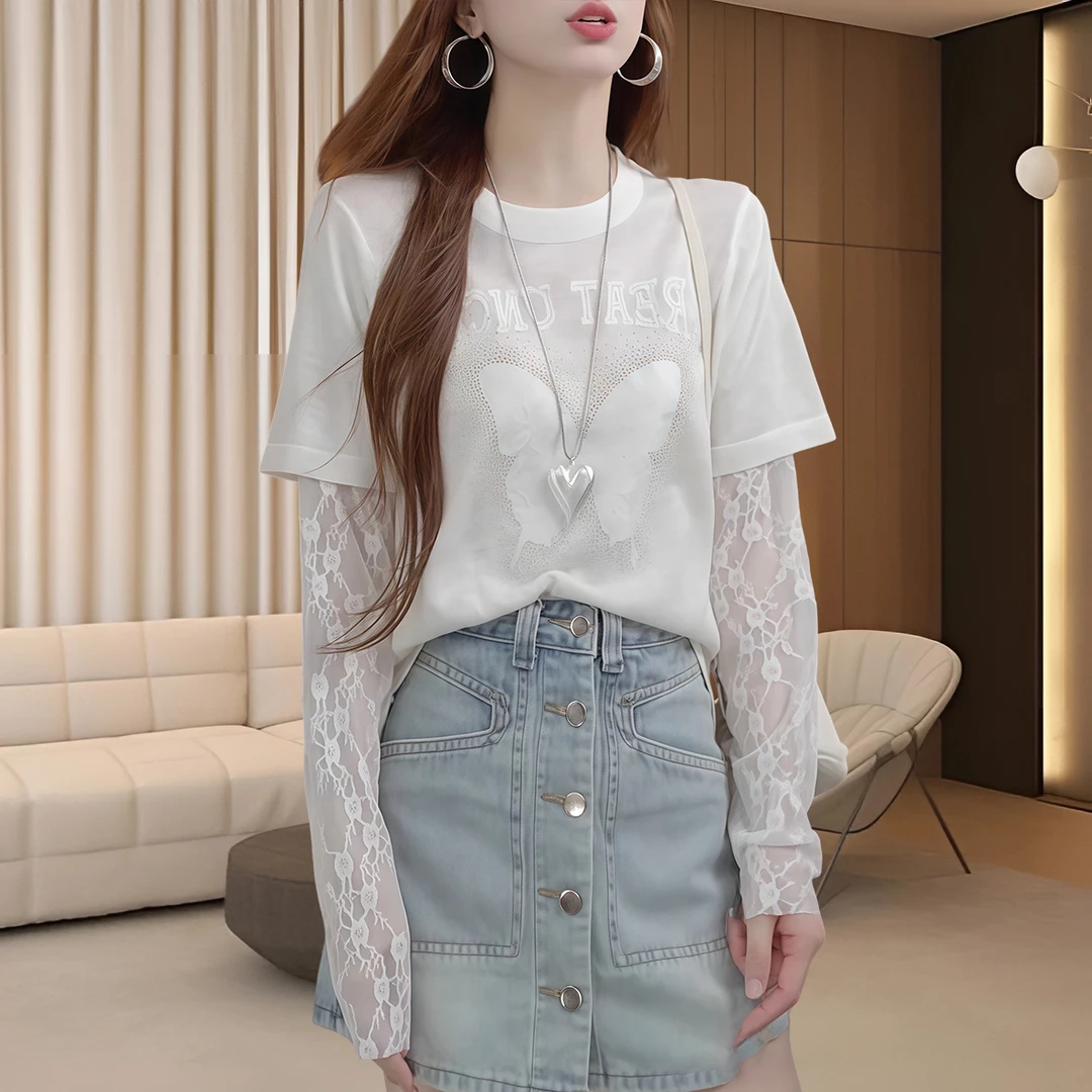 2025年新款秋季洋气打底衫罩衫上衣蝴蝶烫钻假两件蕾丝长袖t恤女