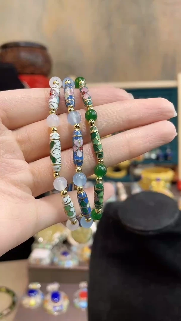 莲非遗手工景泰蓝竹节手链三条绿白色湖蓝