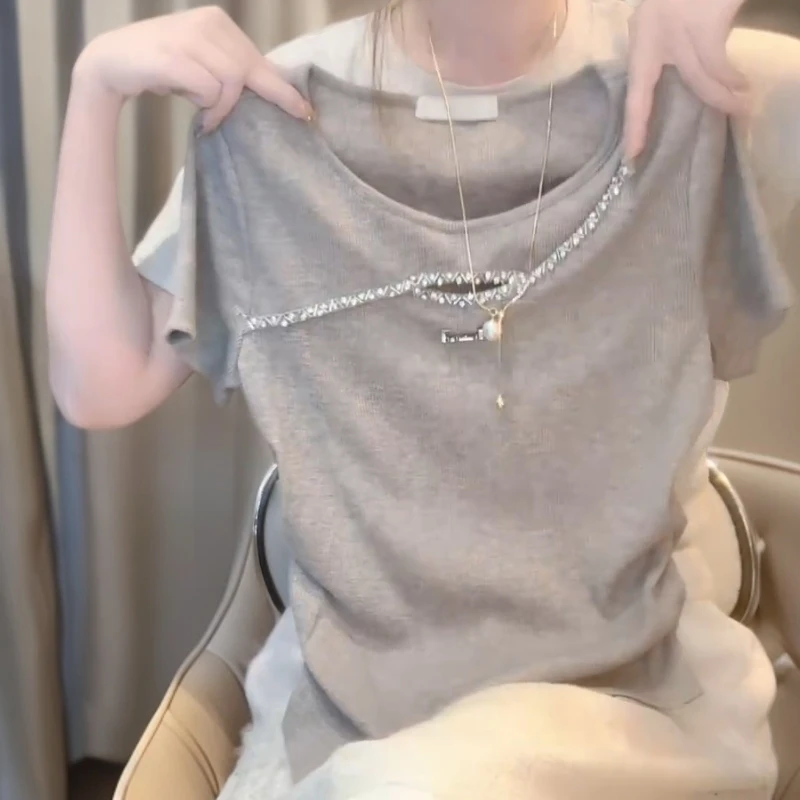 夏季新款韩版时尚高级感套头短袖T恤重工烫钻上衣女装C5737