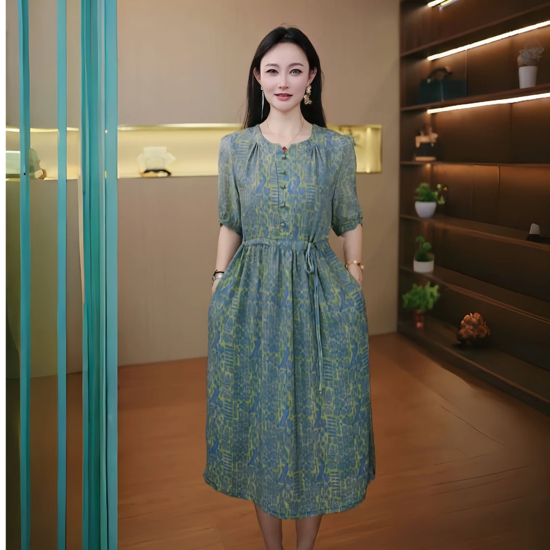 10353-文艺意式轻职风山本风连衣裙圆领宽松复古收腰夏季【依】