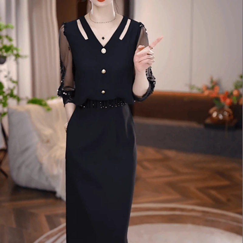 A269【连衣裙】2025早秋新款时尚亮片拼接设计显瘦优雅精致连衣裙