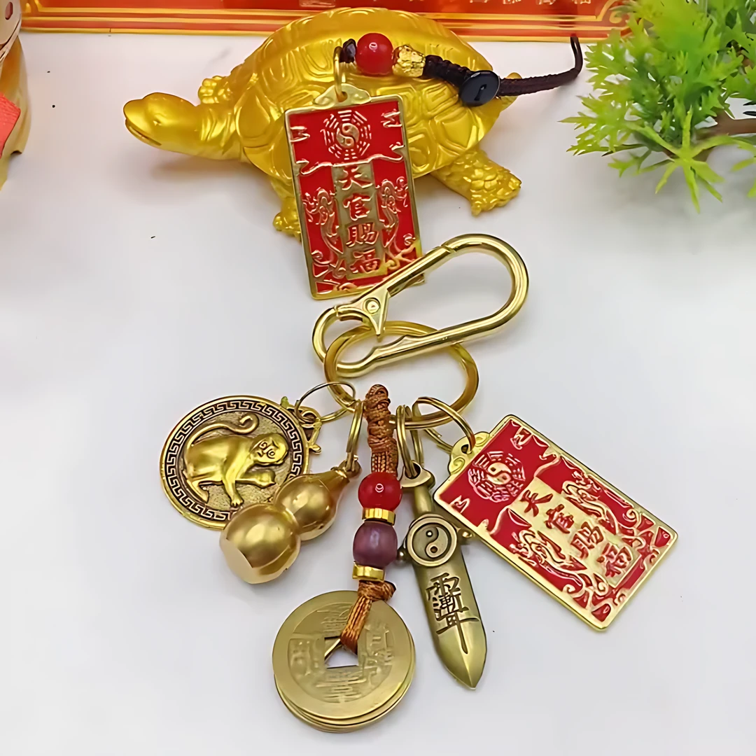 【先生推荐】天官赐福福牌钥匙扣十二生肖五帝汽车钥匙链黄铜葫芦