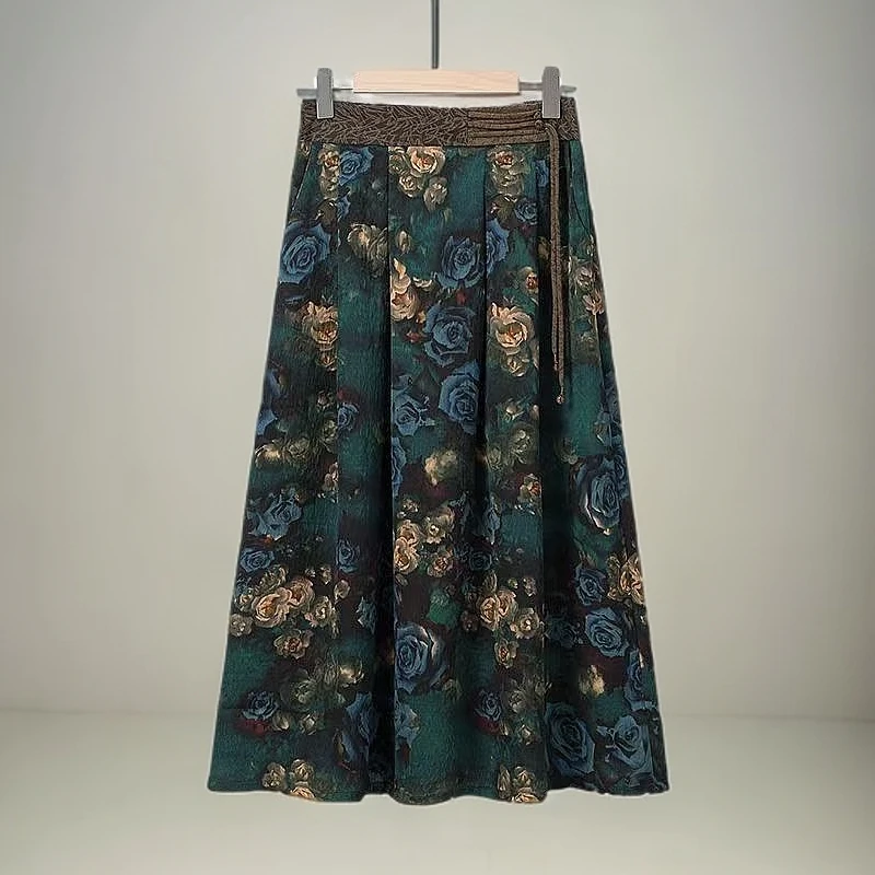 新中式蓝色妖姬玫瑰花a字大裙摆气质高腰半身裙2025款原装正品