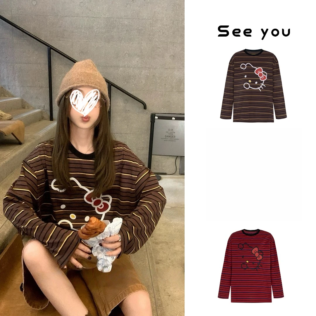 秋季新款卡通Kitty猫条纹圆领条纹宽松长袖T恤 L1508