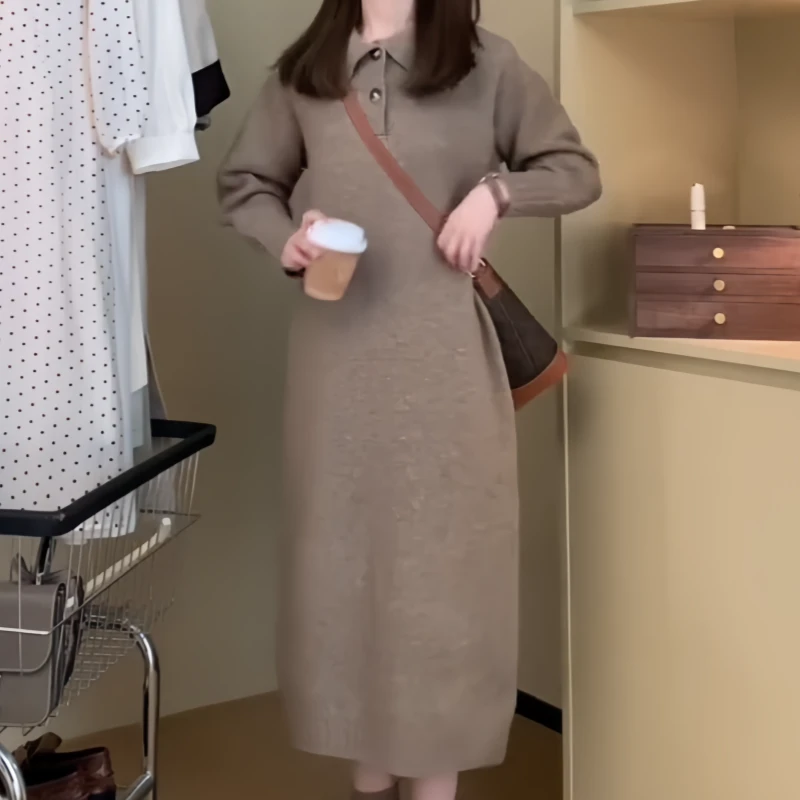 秋季新款法式长袖polo领针织连衣裙高级感宽松显瘦气质赫本风裙子