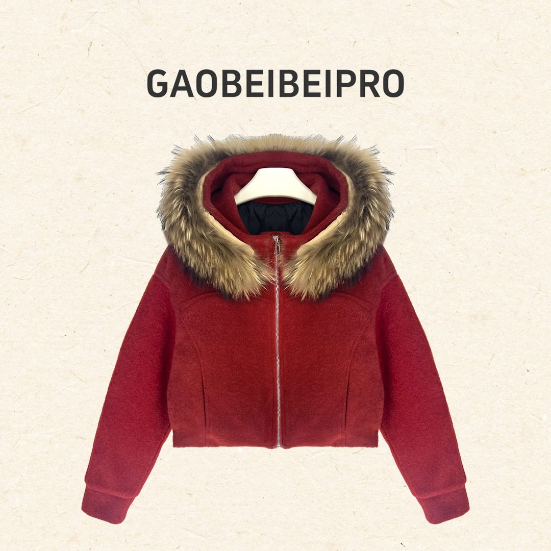 【北北-5567】时尚毛领连帽毛呢短外套