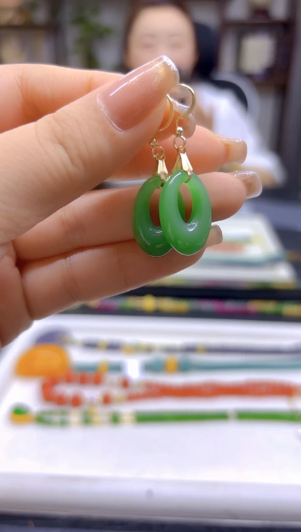 和田玉（碧玉）14K金镶嵌耳饰DIY款E870