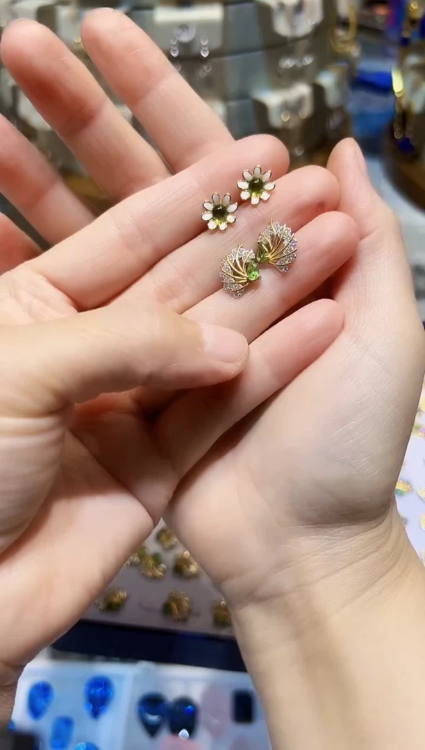 银S925镶嵌耳饰橄榄石发2对耳饰