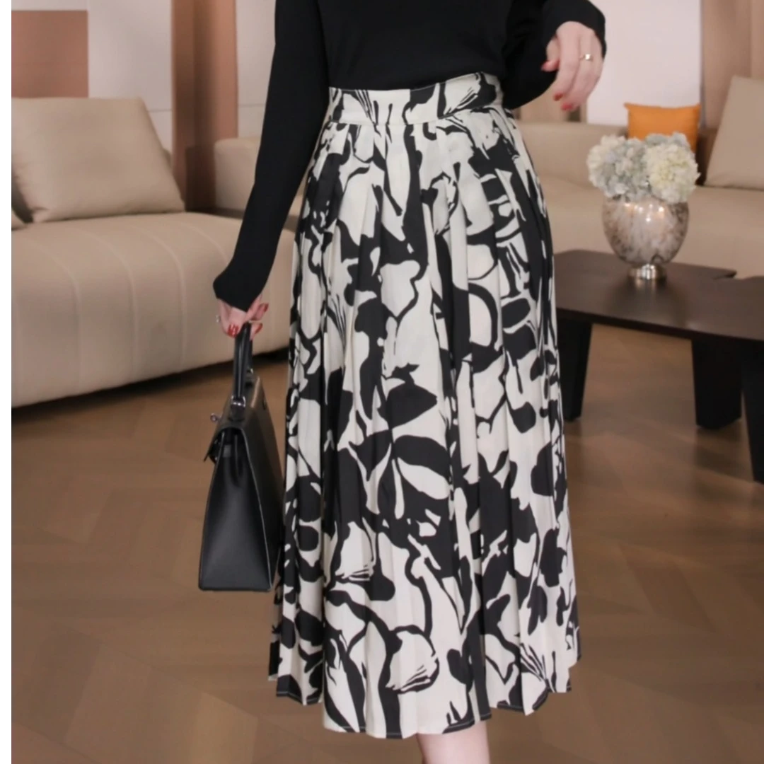 Nuovo Borgo 水墨印花半身裙遮胯显瘦气质A字百褶裙伞裙J140/0106