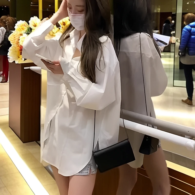 白色衬衫女百搭慵懒风纯棉衬衣设计感小众休闲时尚中长款外搭上衣