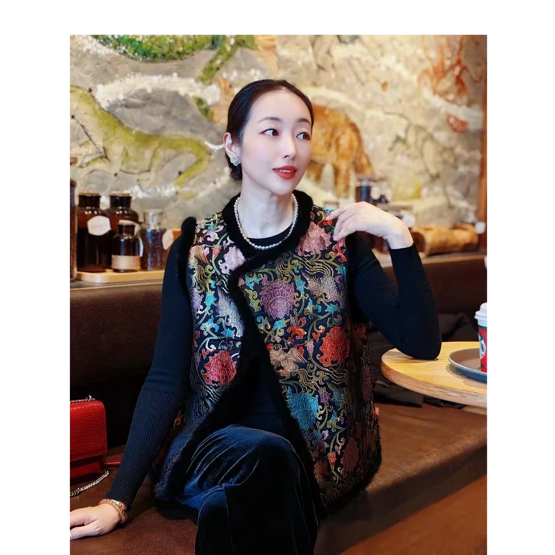 新中式桑蚕丝百搭日常夹绒马甲进口水貂毛