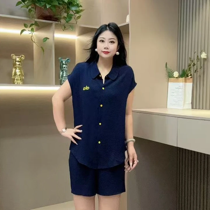 夏季套装-千 25663夏季休闲减龄显瘦立领彩色纽扣宽松短裤套装