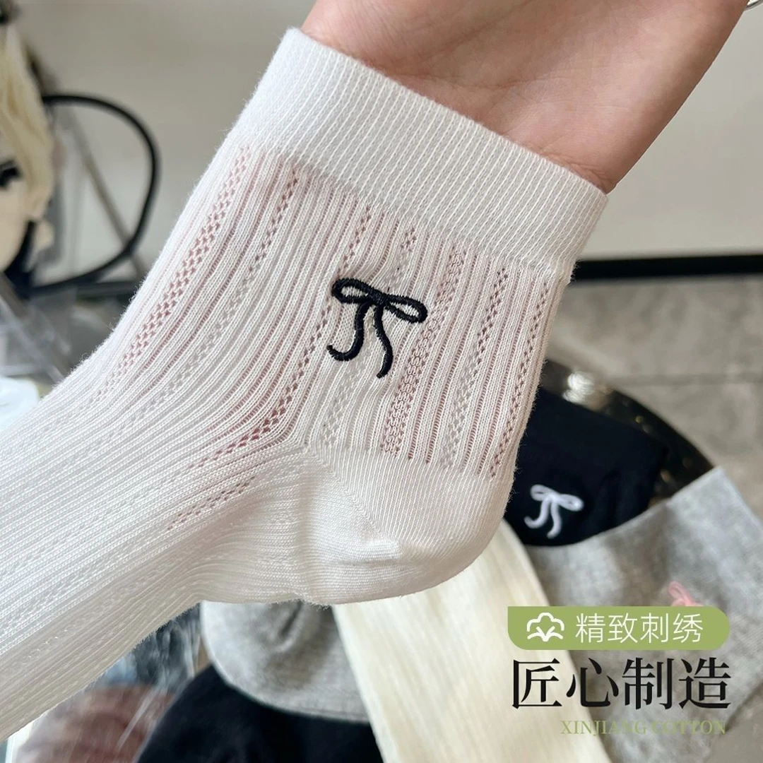 蝴蝶结袜子女中筒袜夏季薄款棉袜miu芭蕾风日系白色夏天无骨袜子