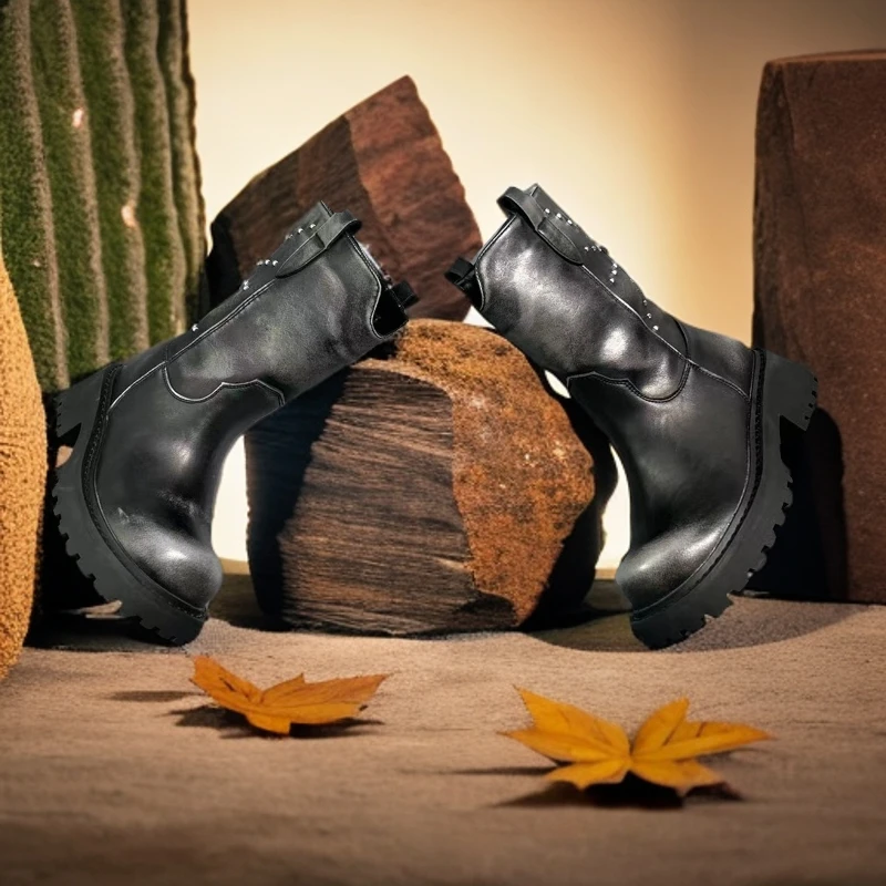 秋新款girl派对复古拼接皮带扣机车靴脚百搭骑士英伦风秋冬高筒in