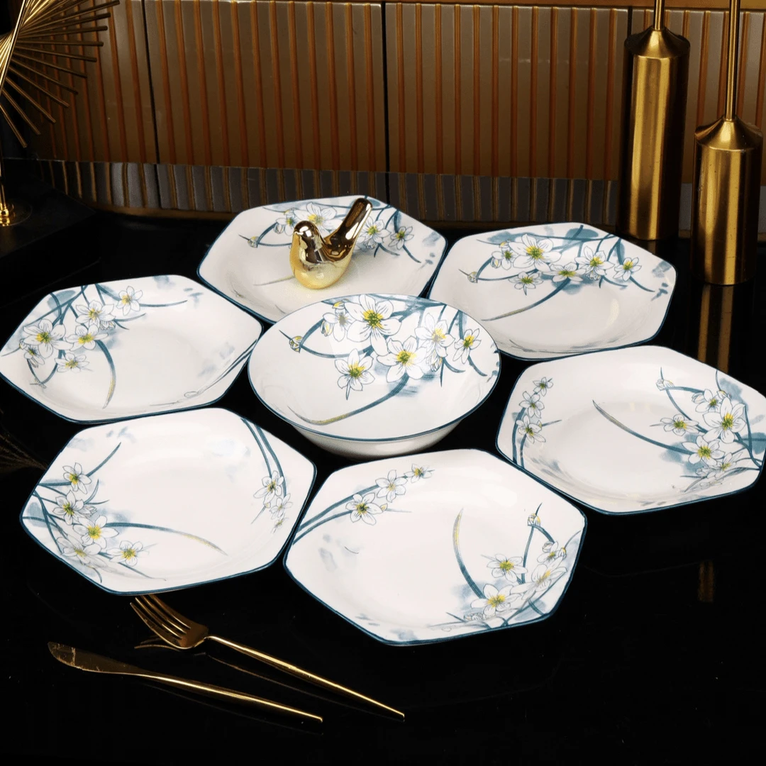 8.5英寸水仙花六角盘6个+8英寸汤碗+汤勺 破损联系客服