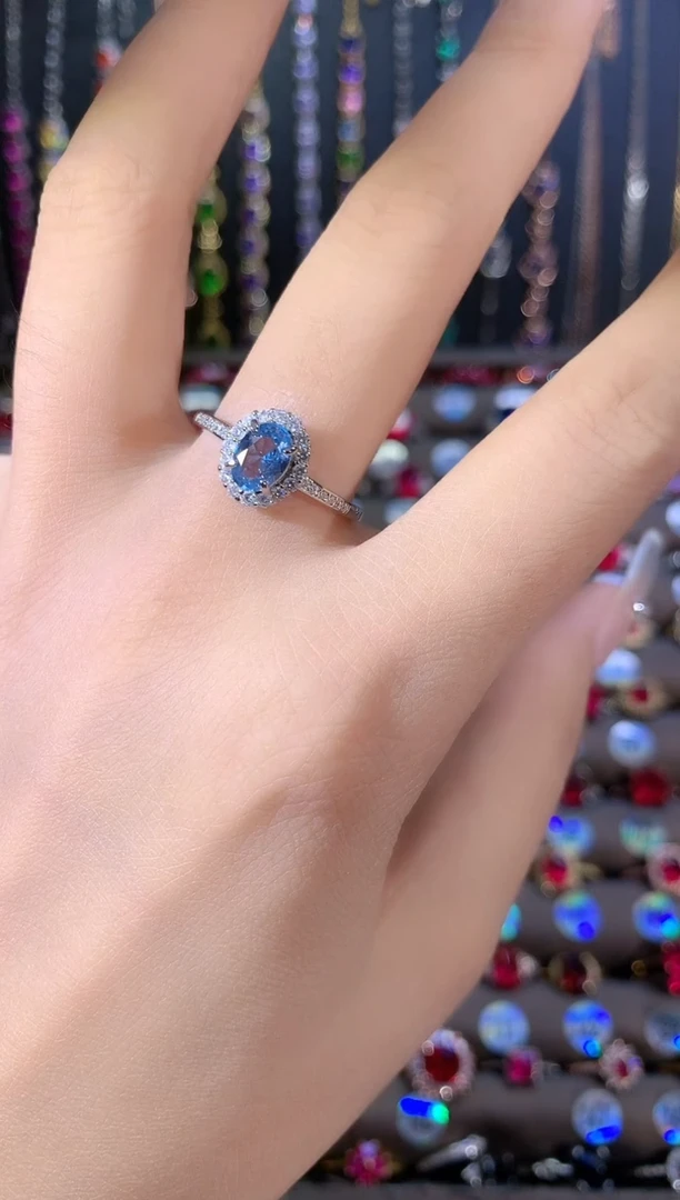 银S925镶嵌戒指海蓝宝石57银色