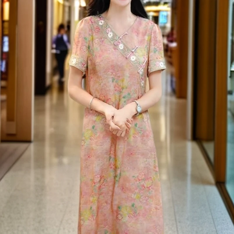 N106【锦悦】新中式改良旗袍裙子复古中长款刺绣显瘦国风女连衣裙子