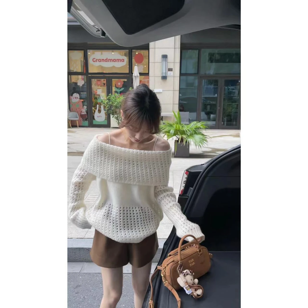 【清货只出不进】一字肩全羊毛软糯韩版镂空毛衣