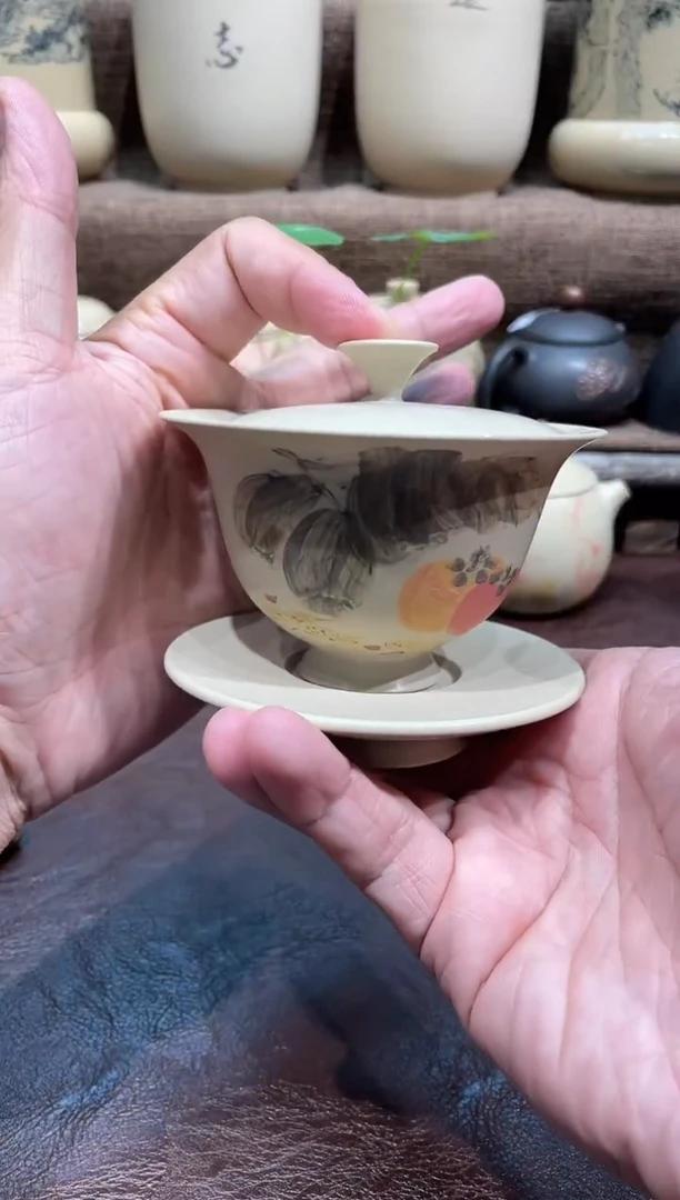 泥塑王宇白泥彩绘元宝盖碗120cc