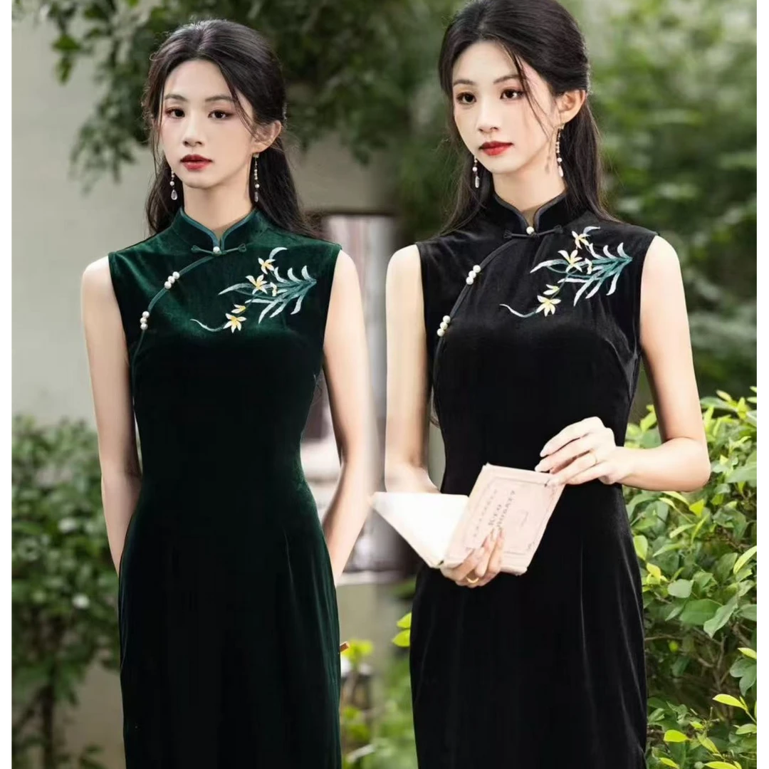 【苏绣天宫】秋款衣长118新中式文艺高端刺绣丝绒旗袍立领显瘦修身