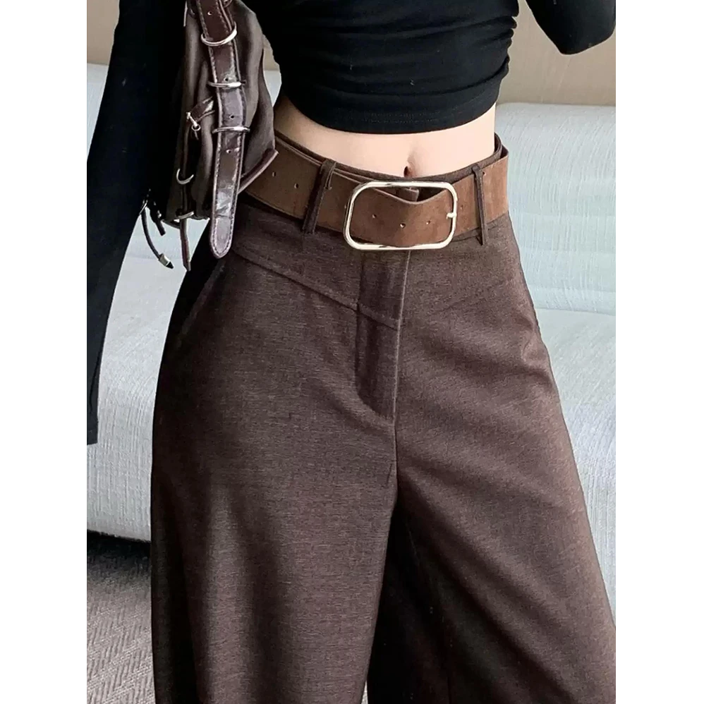 复古咖色高腰显瘦休闲阔腿裤女早秋新款设计感宽松垂感拖地长裤