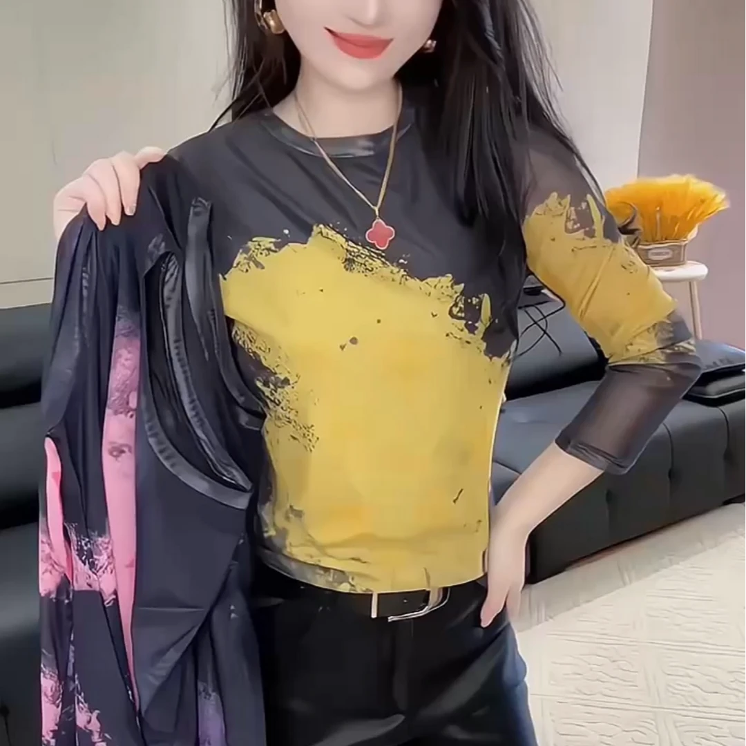 抗起球法式扎染长袖印花耐磨T恤重工女士拼接ins春季圆领潮流