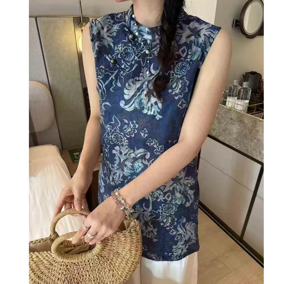 长款圆领图片款薄款无袖提花上衣新中式碎花复古蓝色衬衣