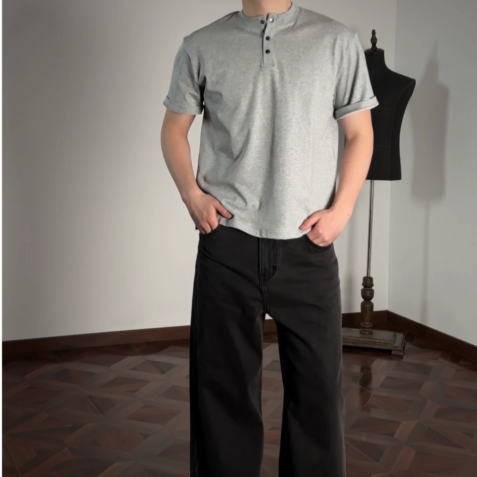 Oclin复古亨利领四合扣短袖短宽Boxy版型7A速干凉感抗菌基础通勤