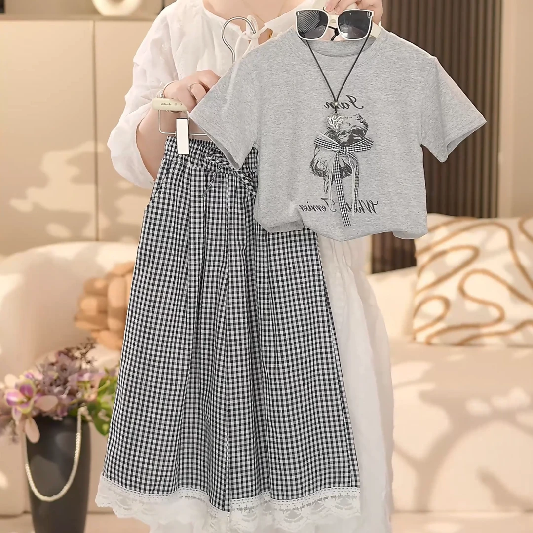 女童2025夏季新款洋气卡通短袖蕾丝格子阔腿裤套装YY116