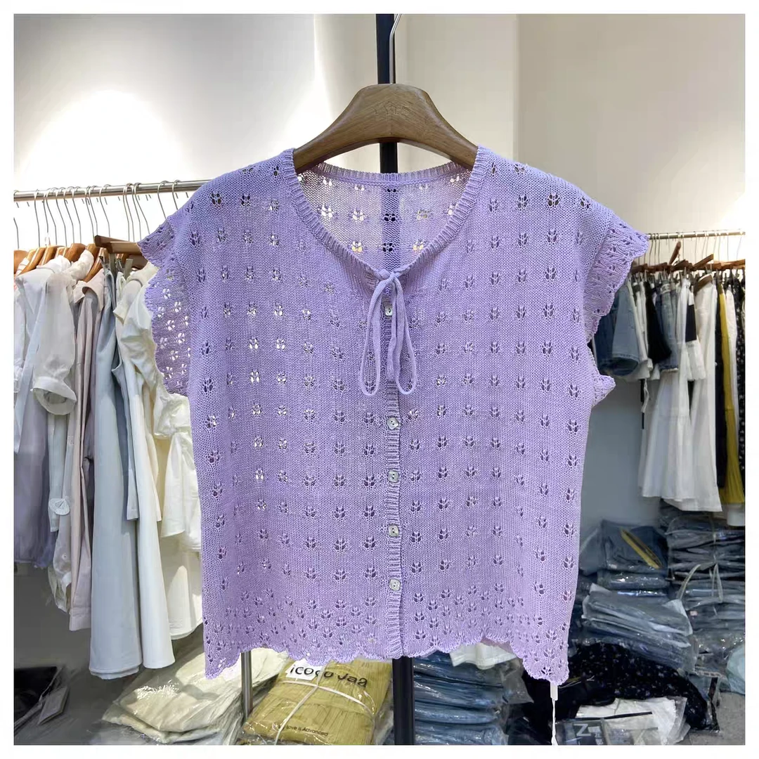 【鞋爱】105夏季圆领系带镂空针织短袖短款开衫