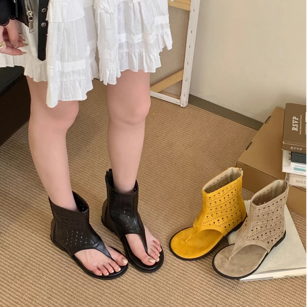 法式夏方头松糕底网红休闲镂空短靴后拉链靴子复古