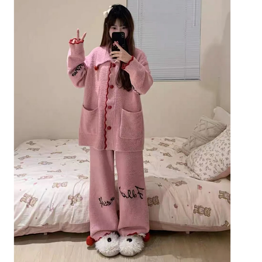 韩版少女高级感半边绒睡衣女秋冬季新款开衫小个子保暖家居服套装
