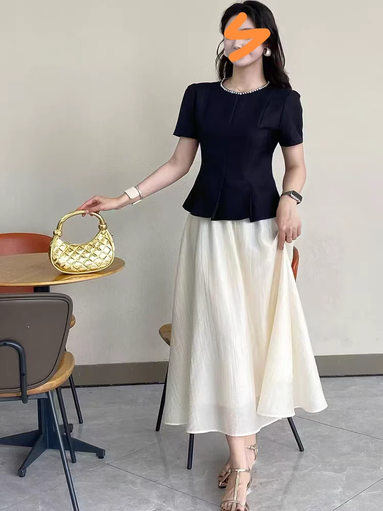 8872款圆领珍珠荷叶边短袖