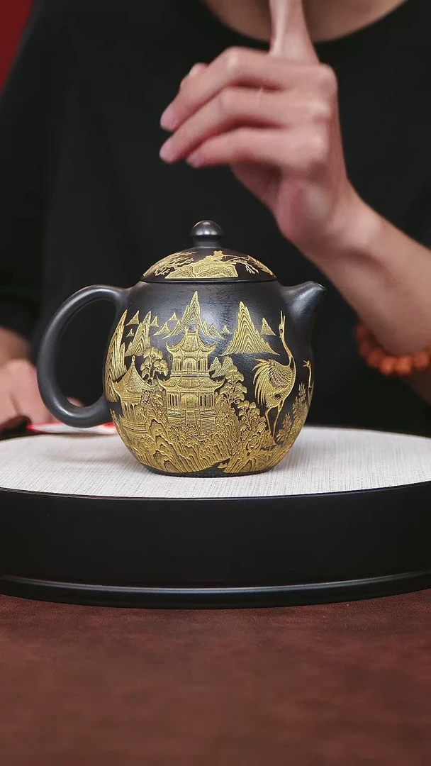 紫砂茶宠宜兴紫砂 石黄描金龙蛋