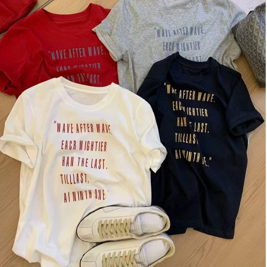 欧洲站2025夏季新款欧货休闲百搭圆领短袖撞色小字母印花棉T恤女